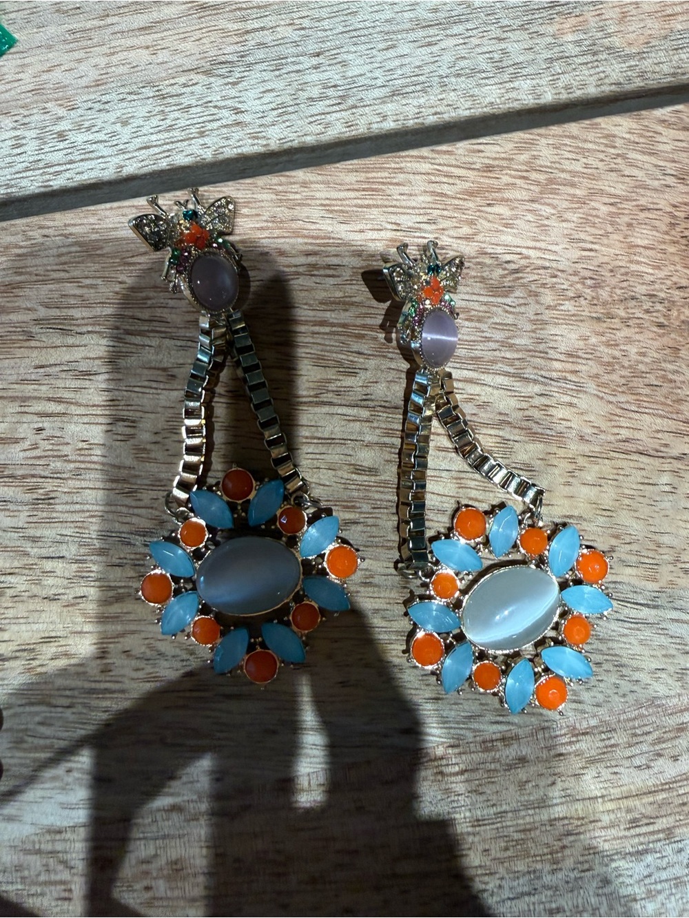 Statement Drop Earrings with Blue and Orange Gemstones
